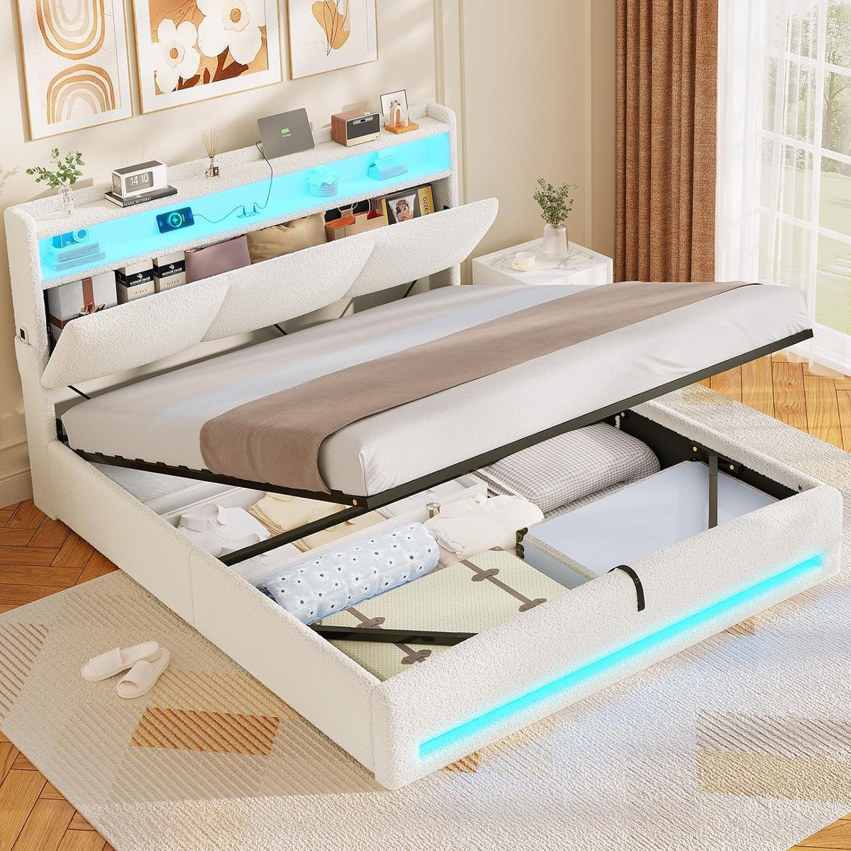 Letto AOGLLATI, matrimoniale, Beige, 140 × 190 cm, con contenitore, con porta USB, imbottito, per camera da letto