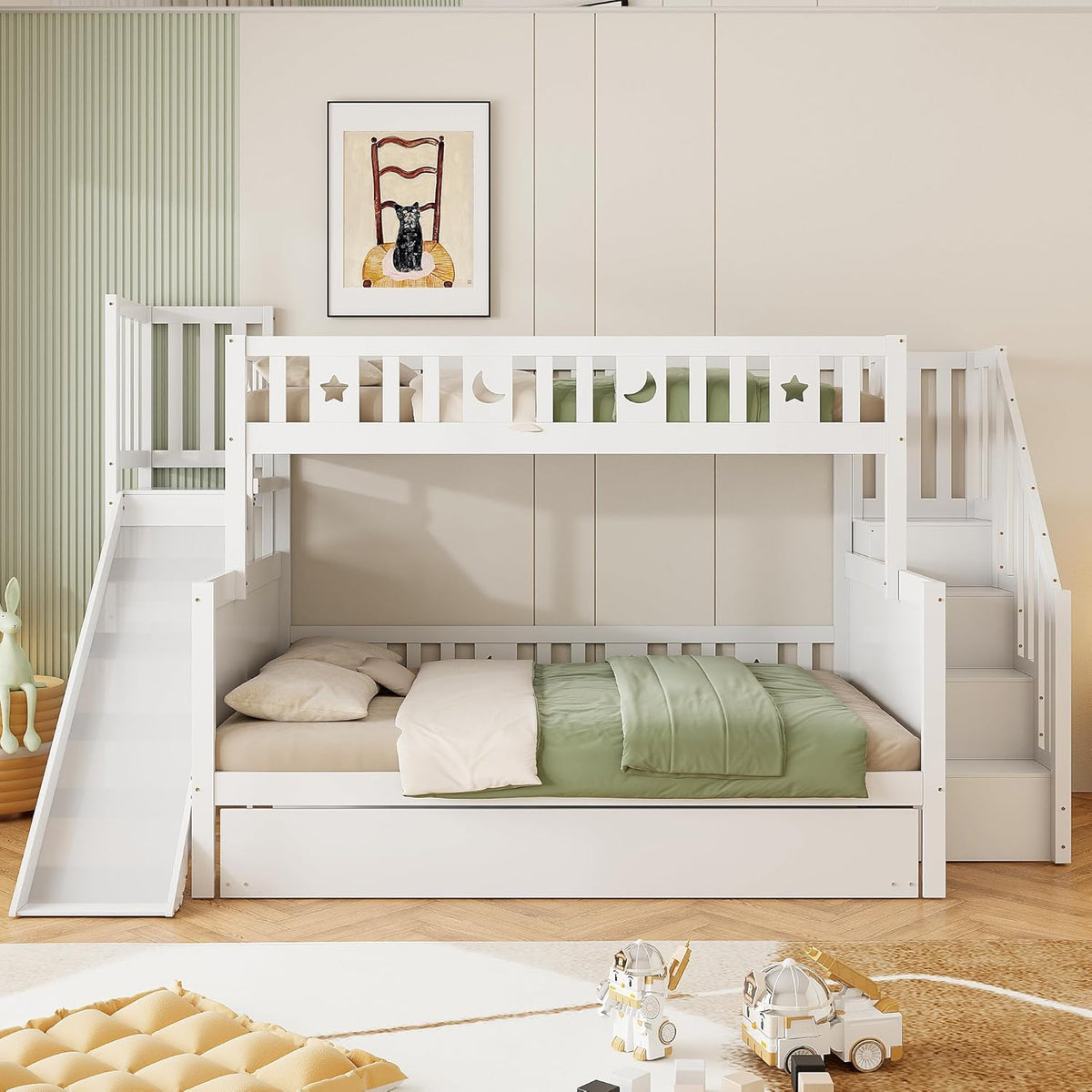 Letto a castello Idemon, con ruote, con rete a doghe, 140 × 200 cm, Bianco, legno massello, per camera da letto