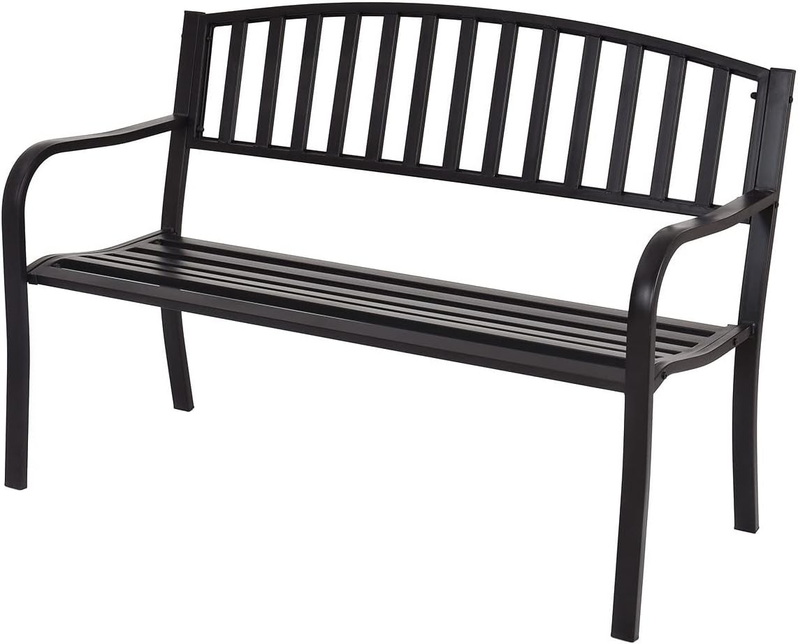 Panca GYMAX, con braccioli, 127 × 60 × 87 cm, 3 posti, Nero, acciaio, per giardino e terrazzo