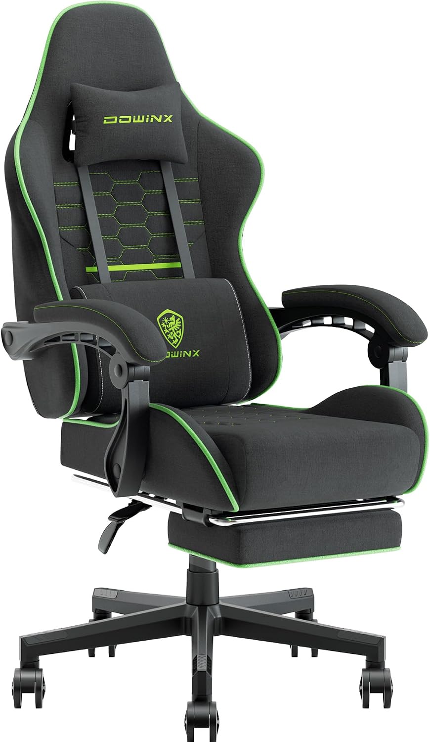 Dowinx Sedia gaming, Nero, tessuto, con cuscino, regolabile, con poggiapiedi, ergonomica, per ufficio