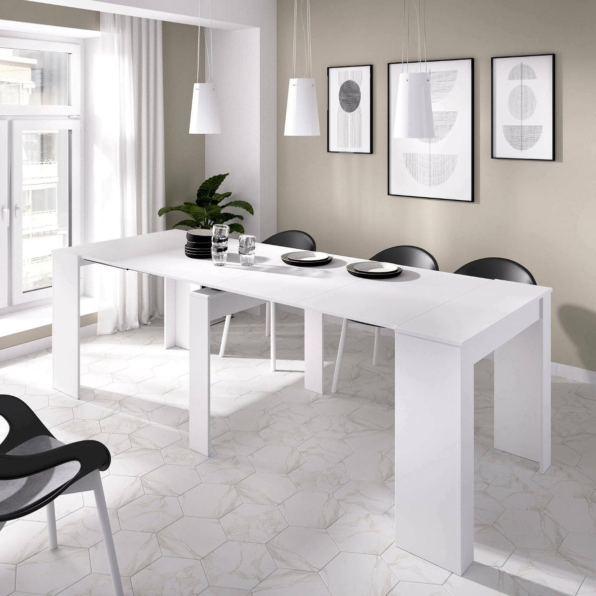 Tavolo da pranzo Dmora, allungabile, Bianco, per sala da pranzo e cucina
