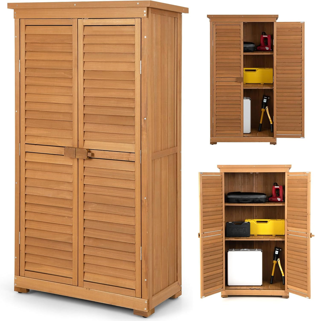 Armadio porta attrezzi RELAX4LIFE, 3 ripiani, Naturale, 87 × 47 × 160 cm, legno, regolabile, per giardino e terrazzo
