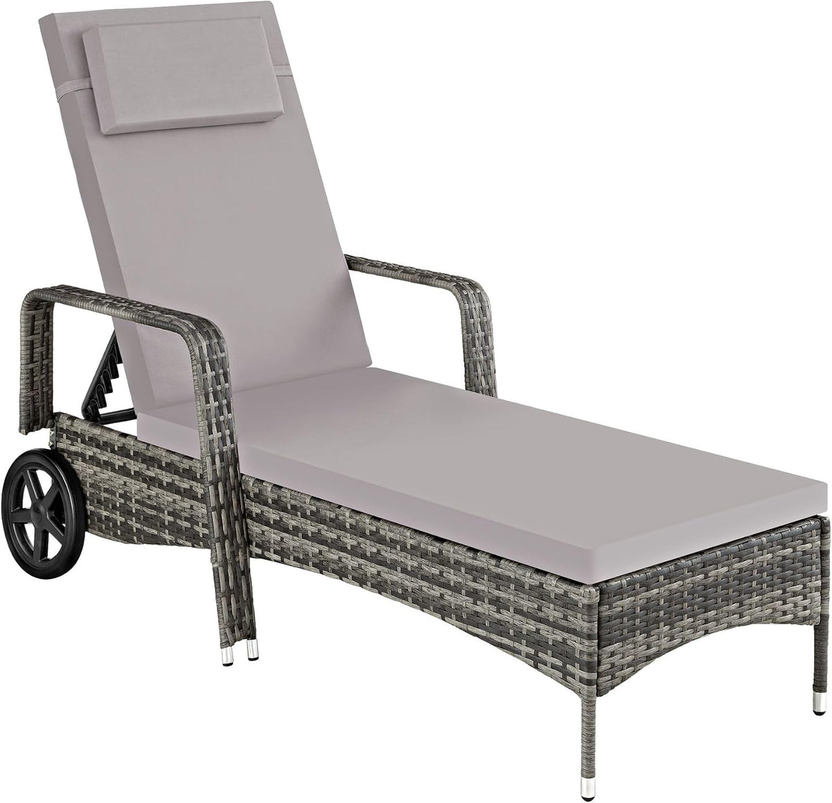 tectake Lettino prendisole, Grigio, alluminio, rattan, con ruote, con poggiatesta, per giardino e terrazzo