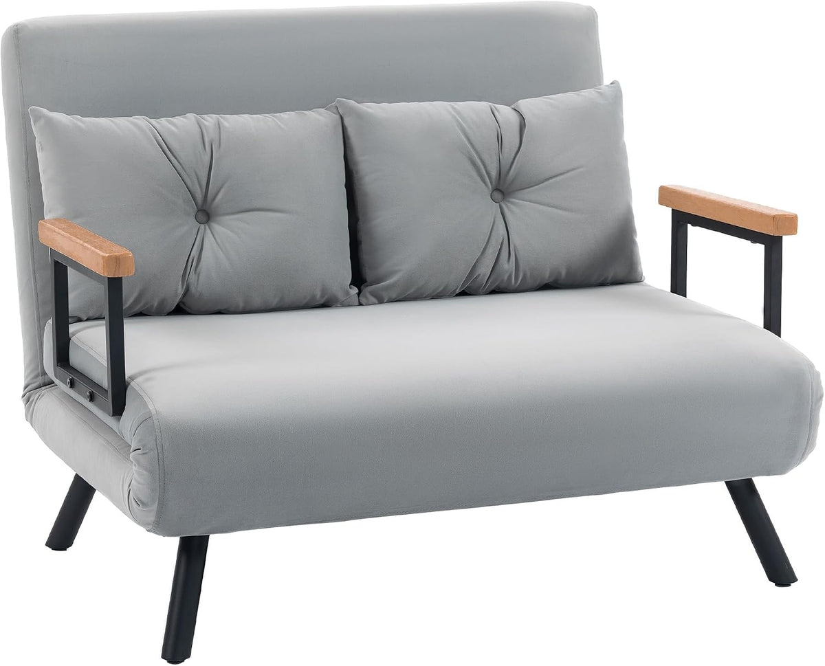 HOMCOM Divano letto, 2 posti, 4 in 1, Grigio chiaro, velluto, con cuscini, per soggiorno