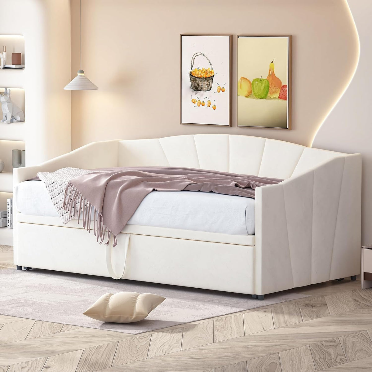 Divano letto Shye, allungabile, con rete a doghe, imbottito, 180 × 200 cm, Beige, velluto, tessuto, per soggiorno