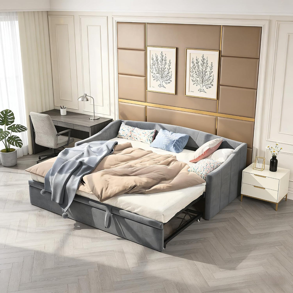 Divano letto EZSSW, Estraibile, 180 × 200 cm, matrimoniale, 2 in 1, con rete a doghe, imbottito, velluto, tessuto, materasso non incluso
