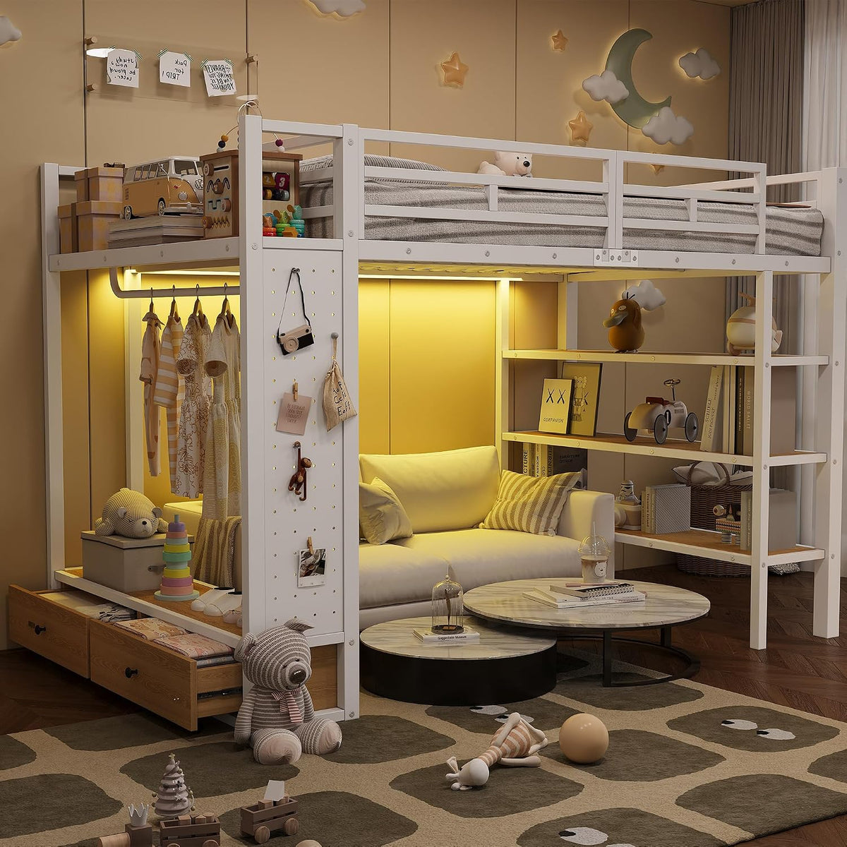 Letto a soppalco Kebnor, 140 × 200 cm, Bianco, metallo, per camera da letto
