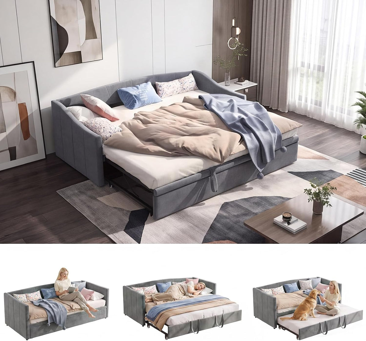 Letto a parete BLSYHDH, Multifunzione, 180 × 200 cm, Grigio, 2 posti, matrimoniale, trasformabile, allungabile, con rete a doghe, imbottito, velluto