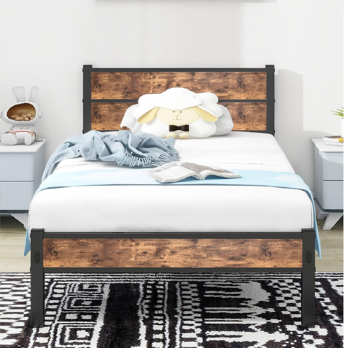 Struttura letto DUMEE, singolo, Nero/Rovere/Marrone, 196 × 90 × 95 cm, legno, con testiera, con pediera, per camera da letto