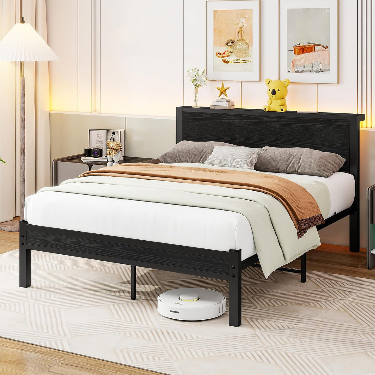 Struttura letto Diahomy, matrimoniale, Nero, 197 × 138,5 × 91 cm, legno, metallo, con testiera, per camera da letto