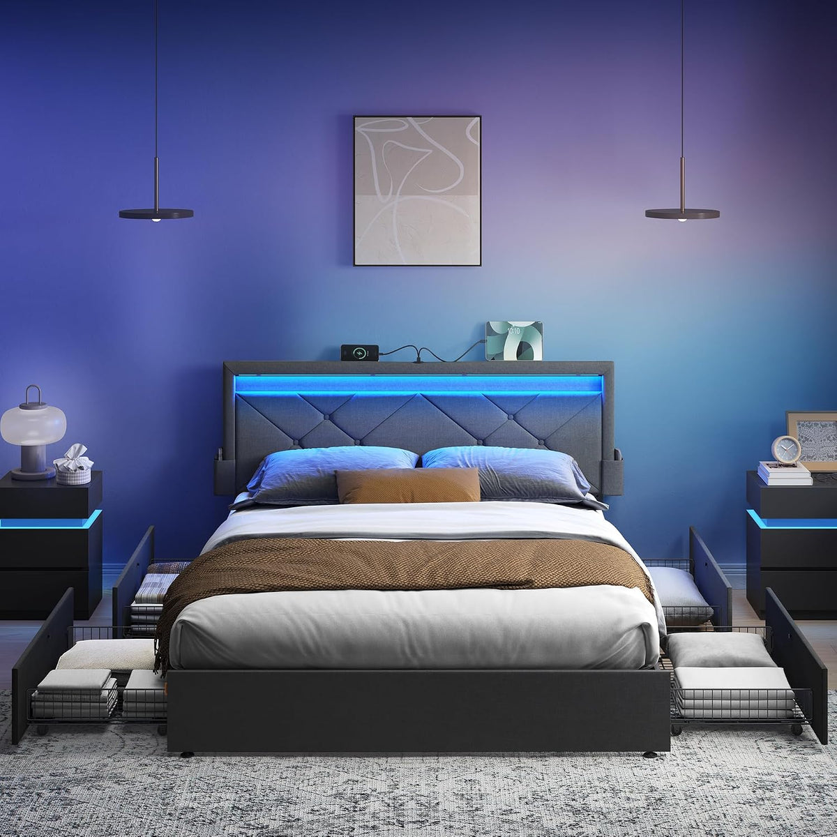 VASAGLE Letto, RMB828G02, regolabile, con porta USB, imbottito, 160 × 200 cm, 4 cassetti, matrimoniale, Grigio/Nero, metallo, per camera da letto