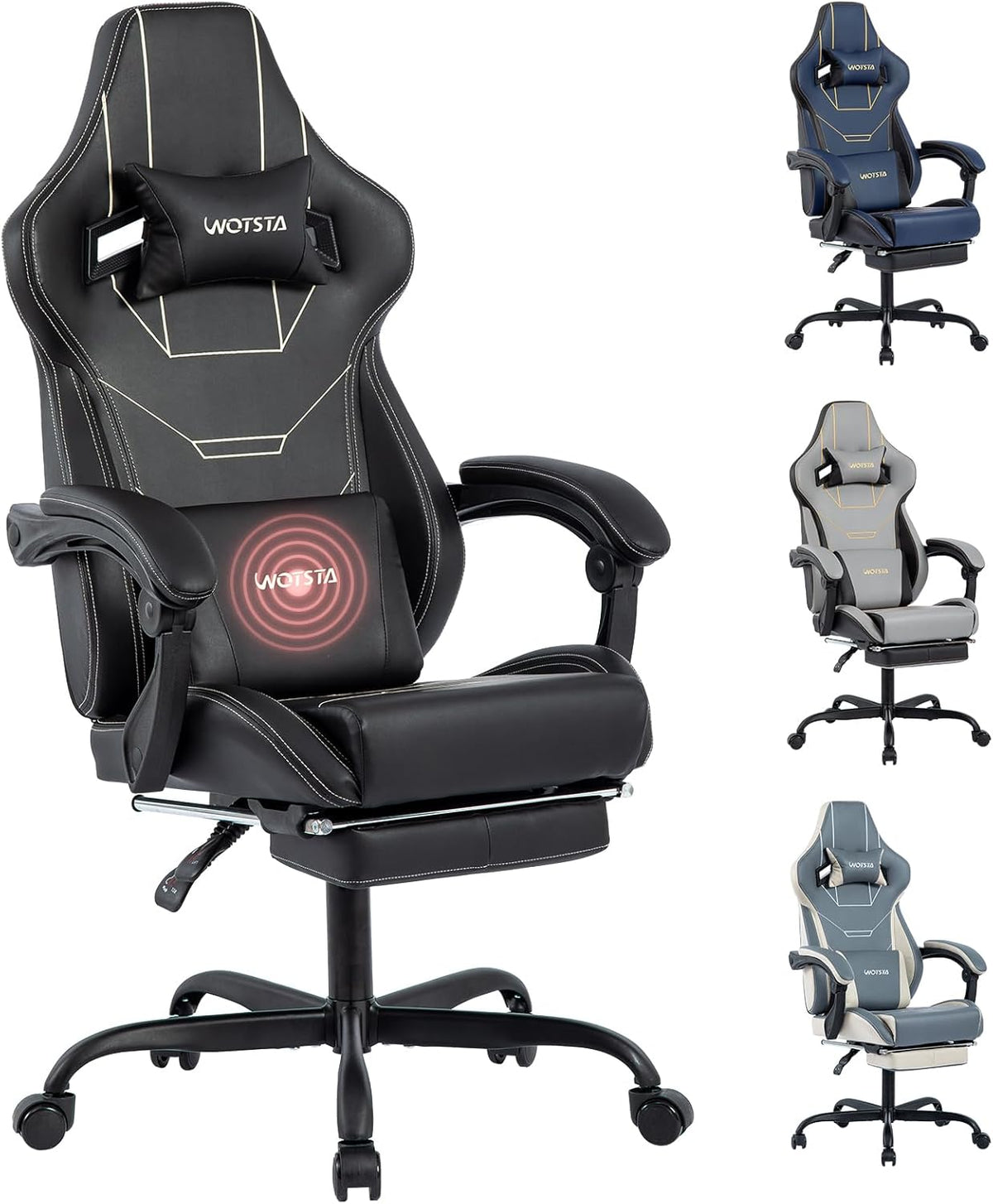 Sedia gaming WOTSTA, regolabile, con poggiapiedi, imbottito, Nero, metallo, ergonomica, per ufficio