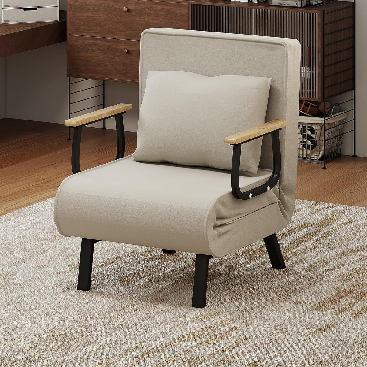 Divano letto Fabulcozy, 60 × 64,5 × 78,5 cm, 187 × 60 × 25 cm, Beige, 3 in 1, trasformabile, regolabile, con braccioli, legno, metallo