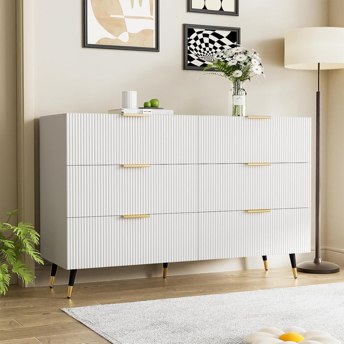 MOTUZP Cassettiera, 6 cassetti, 120 cm, Bianco, legno, per soggiorno e camera da letto