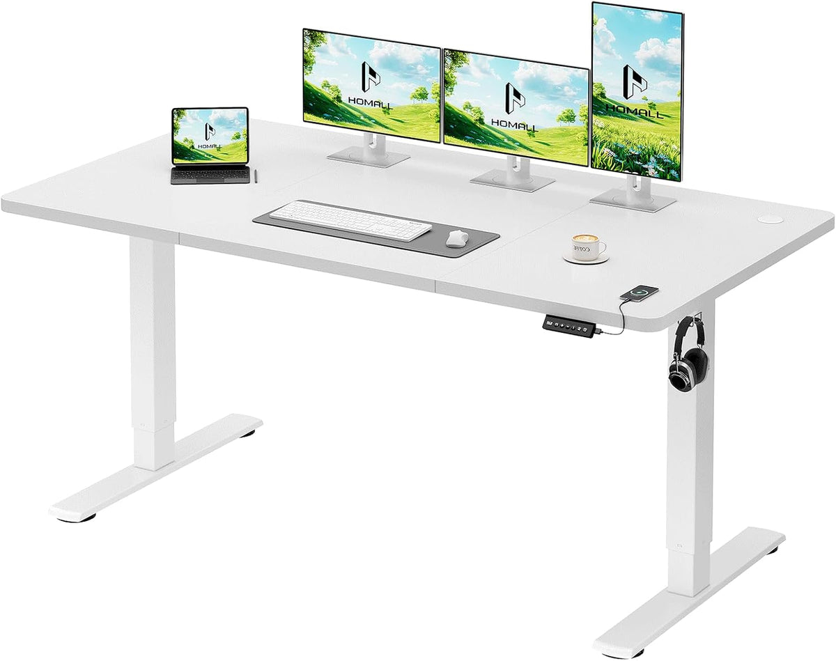 Homall Scrivania, 160 × 70cm, Bianco, acciaio, elettrico, regolabile, con porta USB, per ufficio