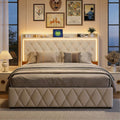 BRILVERDE Letto, matrimoniale, 160 × 200 cm, Beige, velluto, con contenitore, con rete a doghe, con illuminazione LED, imbottito, con testiera