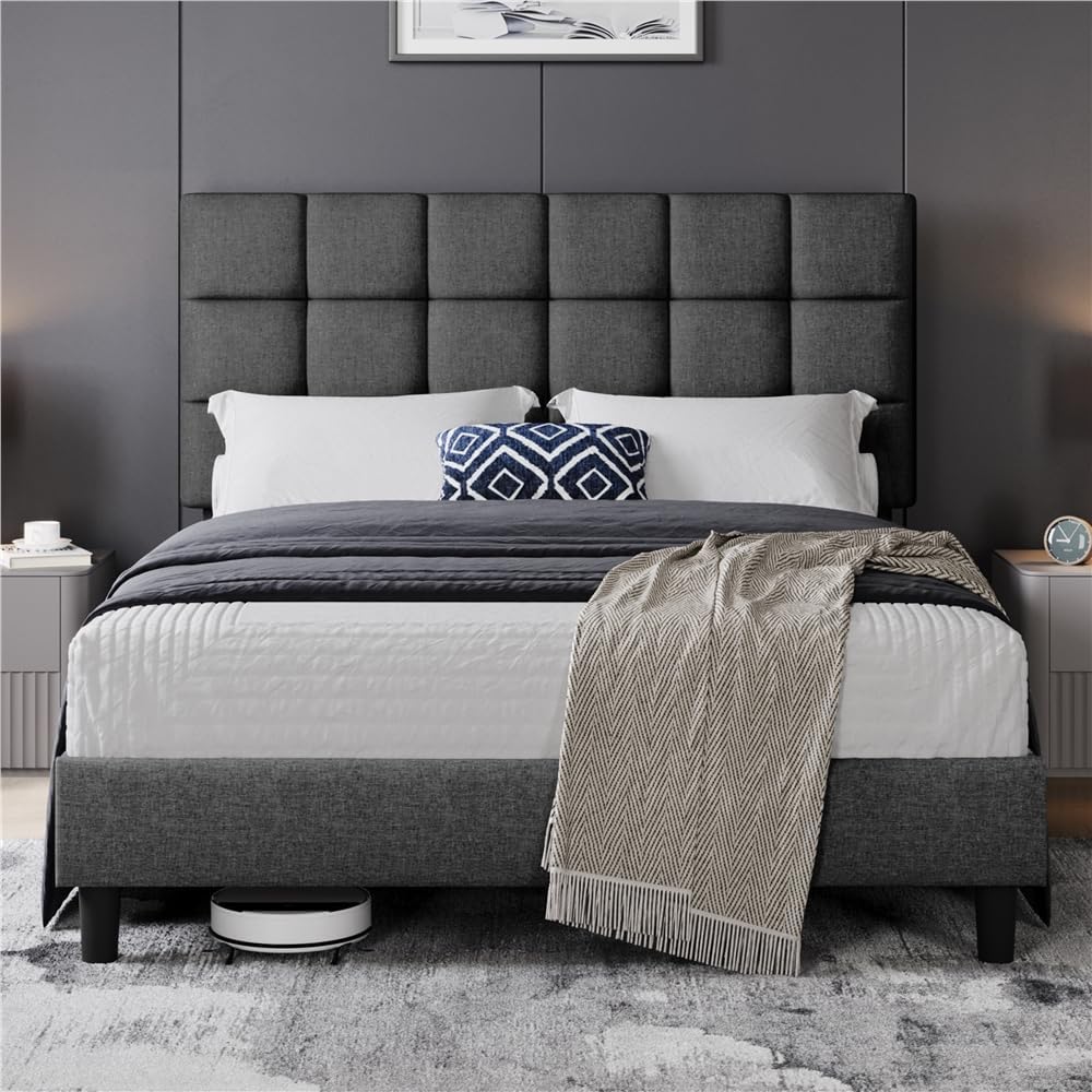 Letto Yaheetech, Grigio scuro, 160 × 200 cm, legno, con testiera, regolabile, con rete a doghe, imbottito, per camera da letto