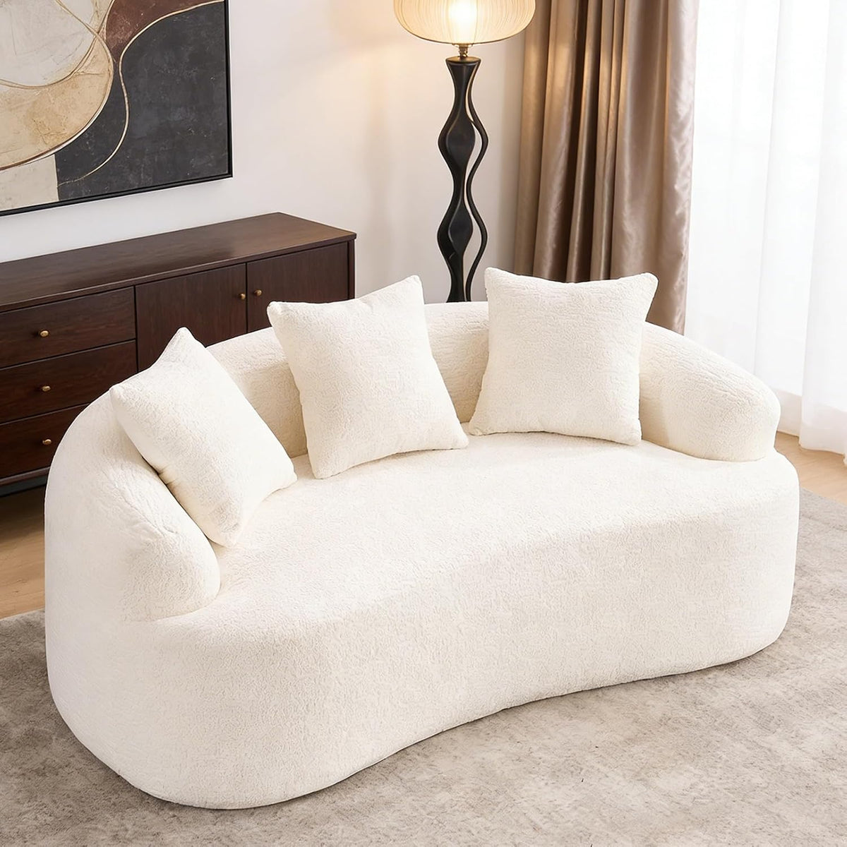 Divano Stimfay, Bianco, 153 cm, velluto, con cuscini, per soggiorno