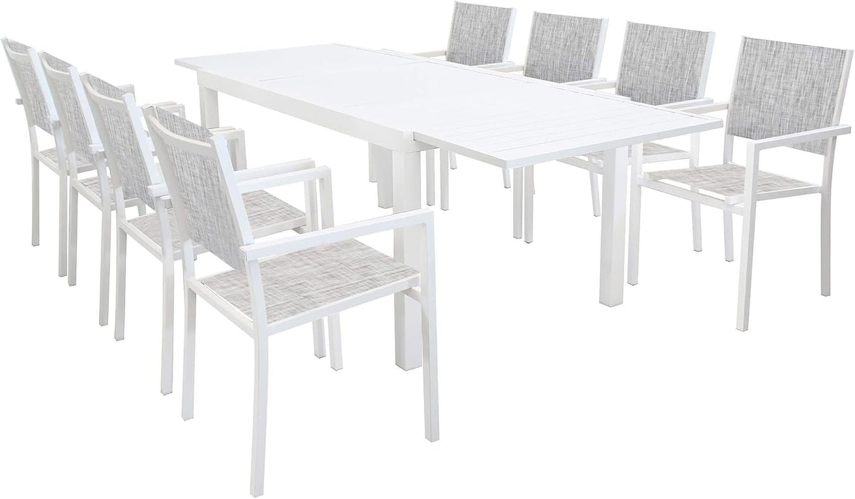 milani home Set da pranzo da giardino, 8 poltrone, Bianco, 55 × 58 × 85 cm, alluminio, allungabile, per giardino e terrazzo