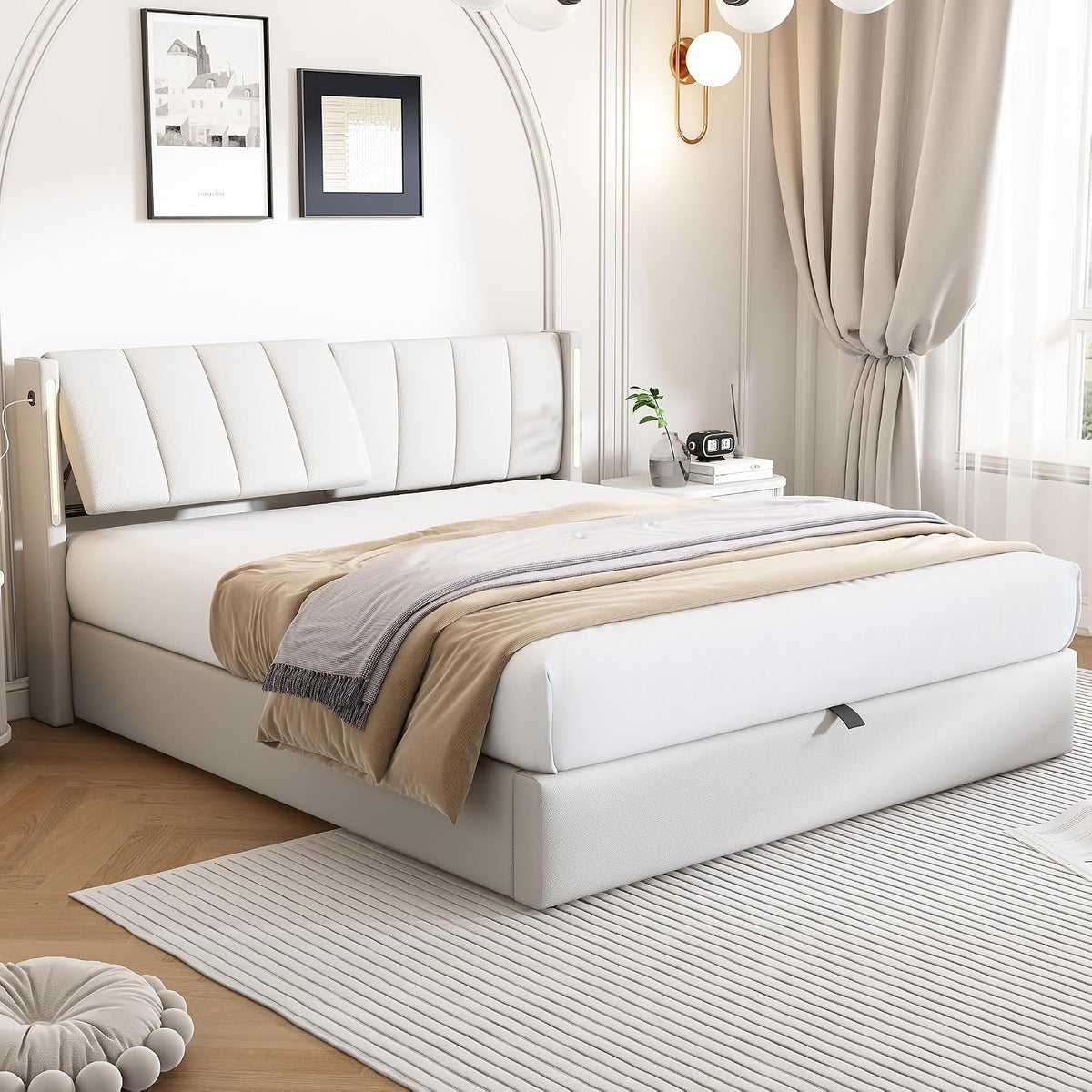 Azkoeesy Letto, matrimoniale, 160 × 200 cm, Bianco, pelle, con contenitore, regolabile, imbottito, per camera da letto