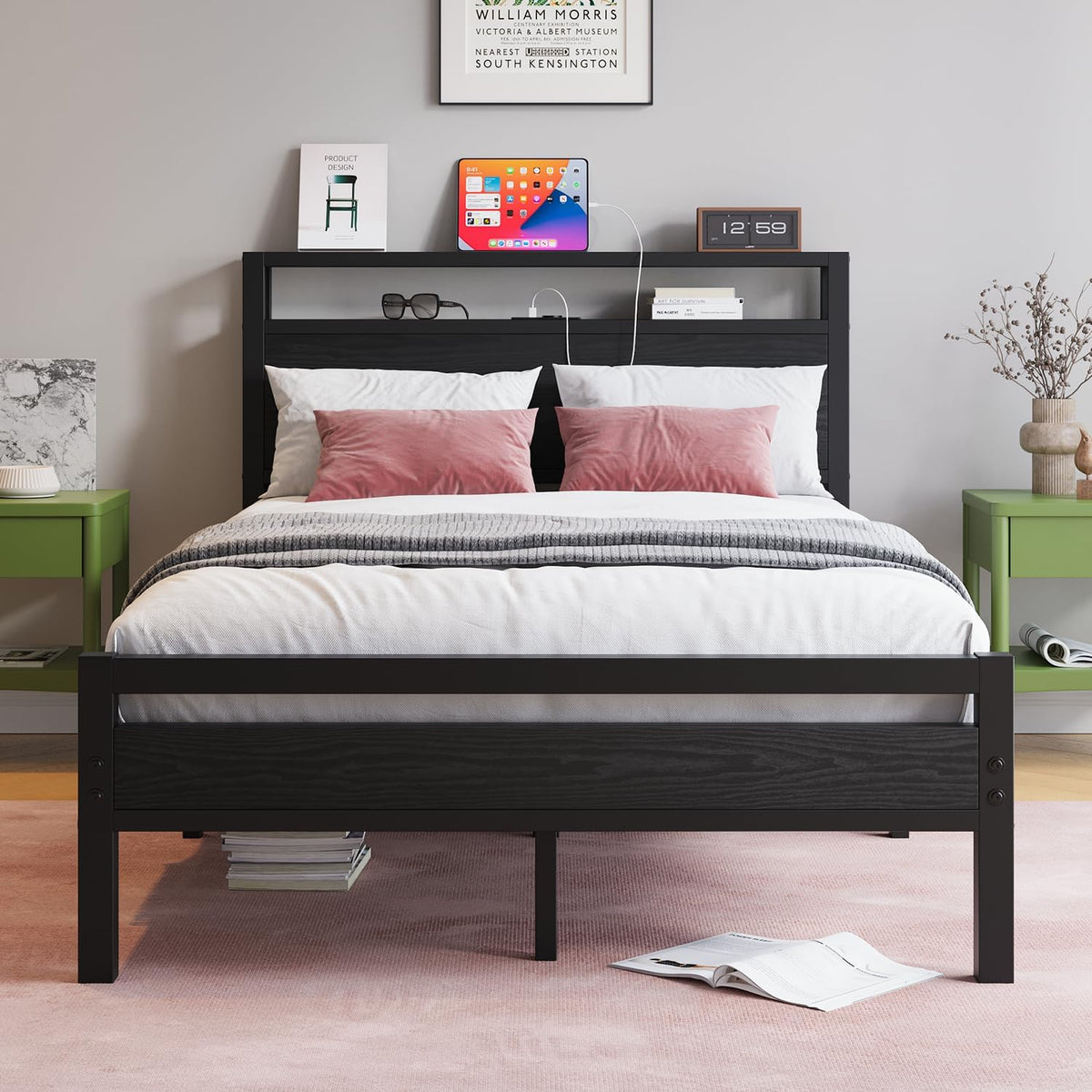 Struttura letto HOJINLINERO, 120 × 200 cm, metallo, con rete a doghe, con porta USB, per camera da letto